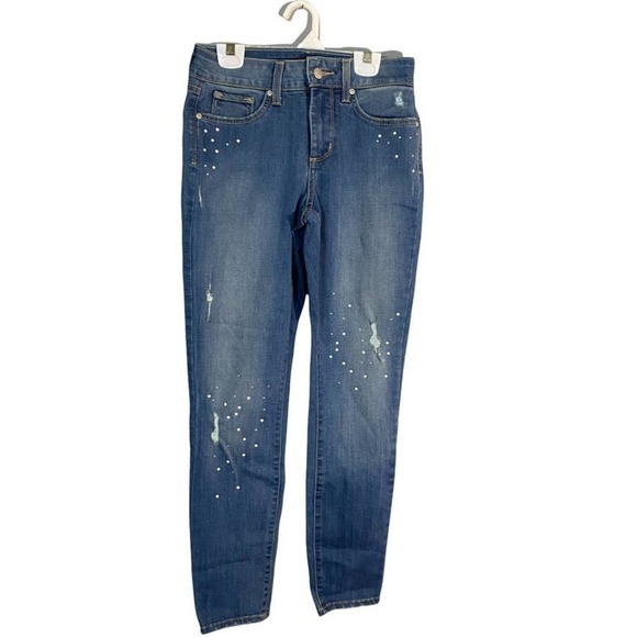 NYDJ Ami Skinny Ankle Embellished Distressed Jeans Size 0 - Picture 1 of 7